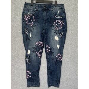 Melissa McCarthy Seven7 Jeans 14W Blue Floral Embroidery Skinny Bloomcore